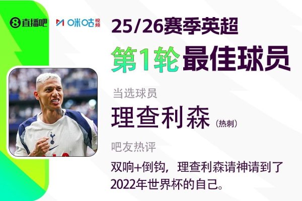 天弘优配 直播吧X咪咕体育 英超首轮最佳球员，理查利森双响+倒钩当选